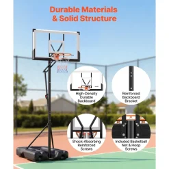VEVOR Portable Basketball Stand, 10 ft Height Adjustment Basketball Hoop & Goal, Portable Basketballs Hoop with 54 inch PC Backboard & Wheels for Kids, Teens, Adults in Driveways, Pools, Schools