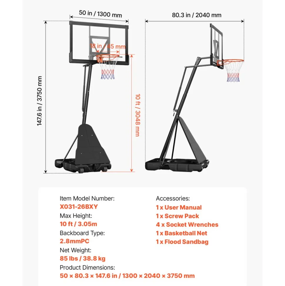 VEVOR Portable Basketball Stand, 8.04 to 10 ft Height Adjustment Basketball Hoop & Goal, Basketballs Hoop Outdoor with 44 inch PC Backboard for Kids, Adults in Schools, Parks, Indoor & Outdoor Use