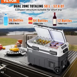 VEVOR Portable Car Refrigerator, 12 Volt Car Refrigerator Fridge, 50 L / 52.8 QT Dual Zone Portable Freezer, -4℉-68℉ Adjustable Temperature, Compressor Cooler for Home, Outdoor, Camping, RV, Car