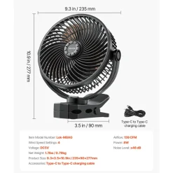 VEVOR Portable Clip Fan, Rechargeable Clip On Fan, USB Port with 3 Speeds & Circulation Mode, Strong Airflow Sturdy Clamp, Long Runtime for Desk, Golf Cart, Outdoor Camping Treadmill, Office, White