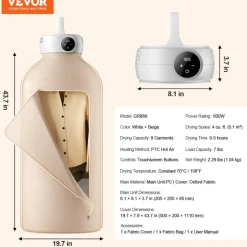 VEVOR Portable Clothes Dryer, Clothes Dryer with Dryer Bag, PTC Heating & LED Display, Foldable Mini Dryer with 5-H Timer for Apartments, Dorms, RVs, or Hotels, 600W, Beige