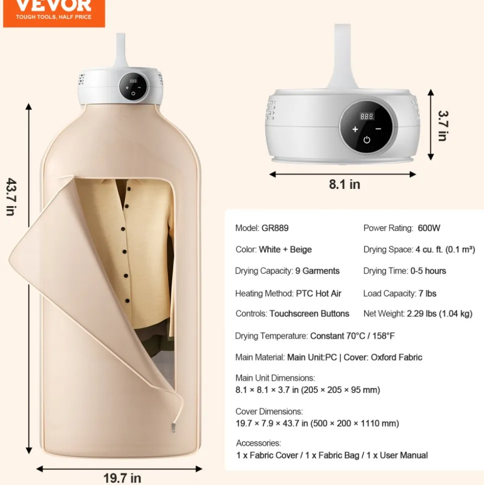 VEVOR Portable Clothes Dryer, Clothes Dryer with Dryer Bag, PTC Heating & LED Display, Foldable Mini Dryer with 5-H Timer for Apartments, Dorms, RVs, or Hotels, 600W, Beige