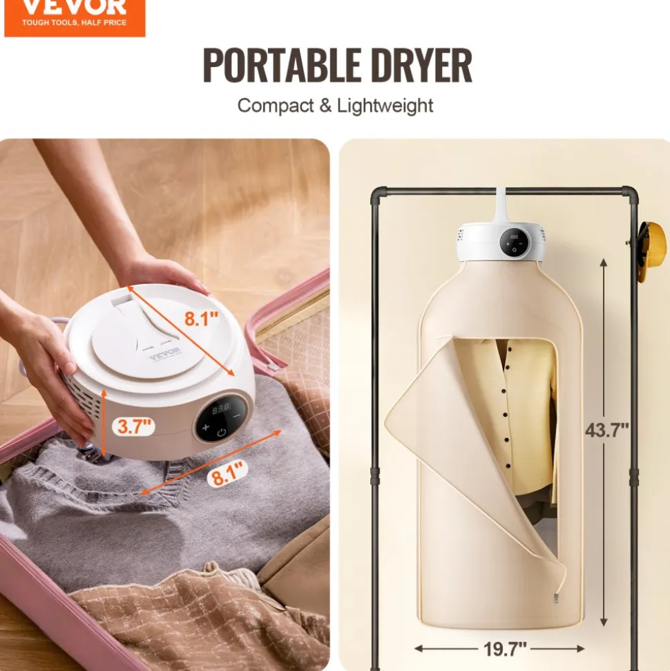 VEVOR Portable Clothes Dryer, Clothes Dryer with Dryer Bag, PTC Heating & LED Display, Foldable Mini Dryer with 5-H Timer for Apartments, Dorms, RVs, or Hotels, 600W, Beige