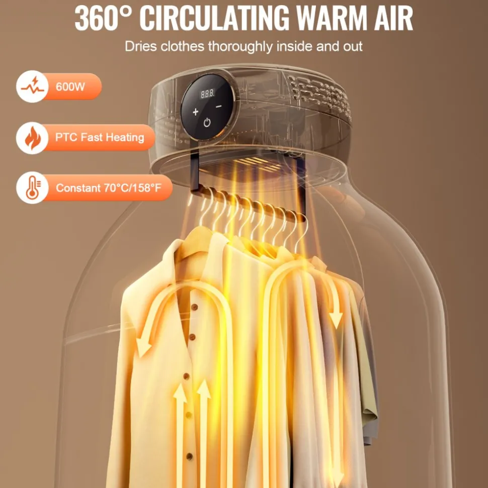 VEVOR Portable Clothes Dryer, Clothes Dryer with Dryer Bag, PTC Heating & LED Display, Foldable Mini Dryer with 5-H Timer for Apartments, Dorms, RVs, or Hotels, 600W, Beige