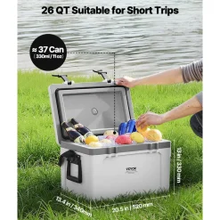 VEVOR Portable Cooler, 26 QT Hard Cooler with Ice Retention, Heavy-Duty Handles and Strap, Lightweight Rigid Material Insulated Portable Cooler, Suitable for Family Picnics and Short Trips