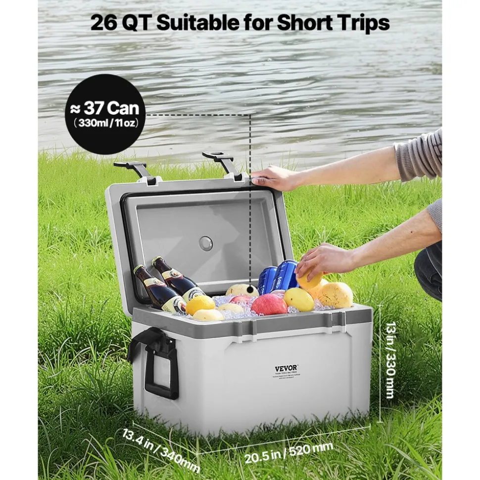 VEVOR Portable Cooler, 26 QT Hard Cooler with Ice Retention, Heavy-Duty Handles and Strap, Lightweight Rigid Material Insulated Portable Cooler, Suitable for Family Picnics and Short Trips