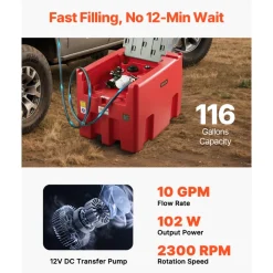 VEVOR Portable Diesel & Gasoline Tank, 116 Gallon, 10 GPM Flow Rate, Diesel Fuel Tank with 12V Electric Transfer Pump, 13.1ft Hose, Auto Fueling Nozzle, Transfer Tank for Easy Fuel Transportation, Red