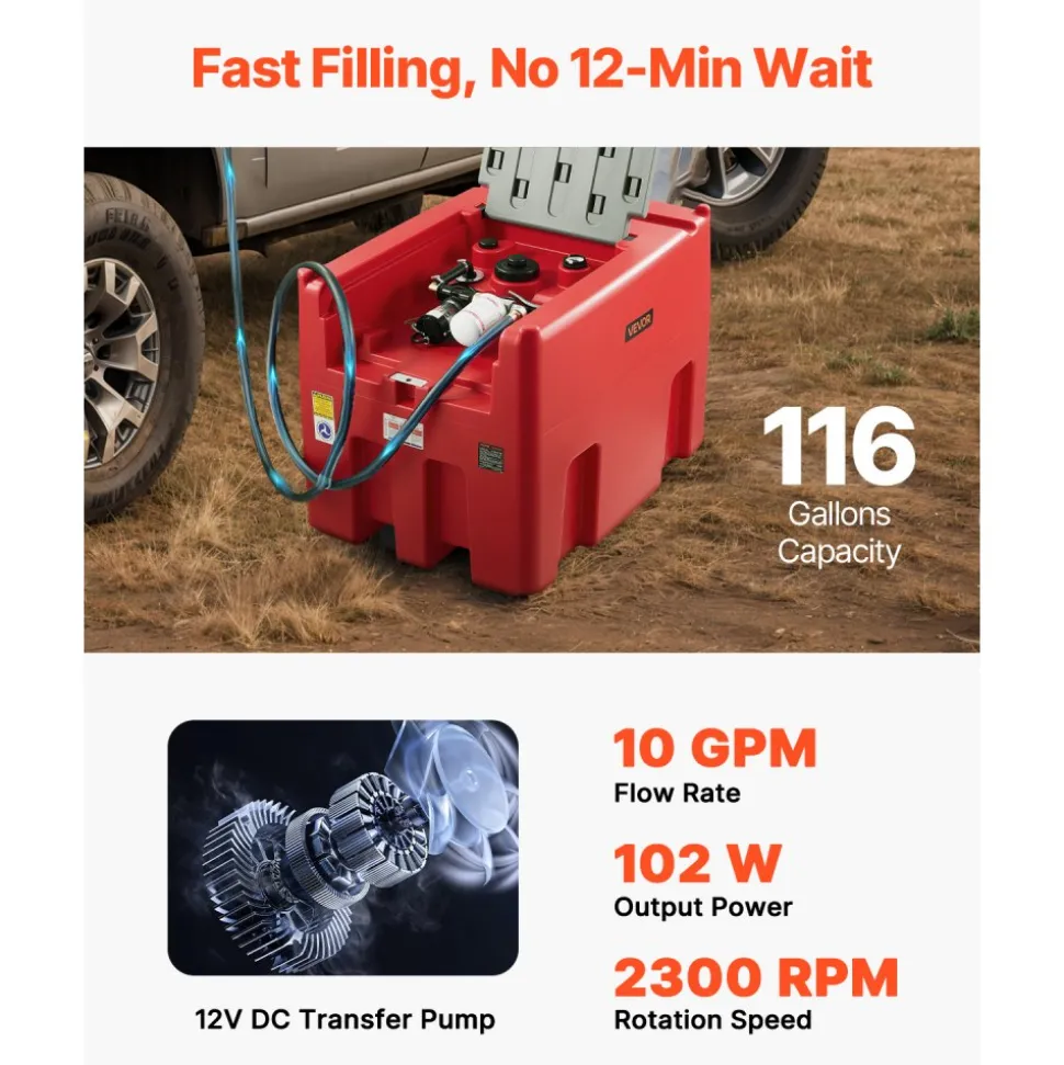 VEVOR Portable Diesel & Gasoline Tank, 116 Gallon, 10 GPM Flow Rate, Diesel Fuel Tank with 12V Electric Transfer Pump, 13.1ft Hose, Auto Fueling Nozzle, Transfer Tank for Easy Fuel Transportation, Red