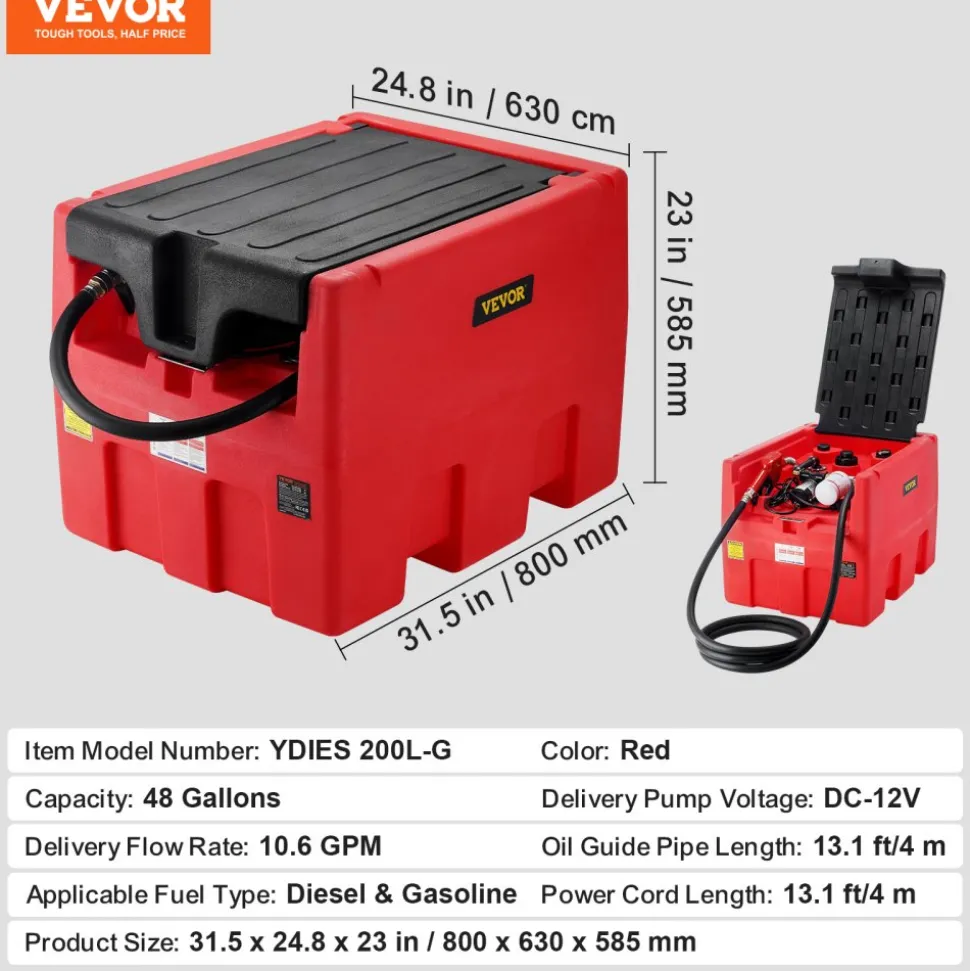 VEVOR Portable Diesel & Gasoline Tank, 48 Gallon, 10.6GPM Flow Rate, Diesel Fuel Tank with 12V Electric Transfer Pump, 13.1ft Hose, Auto Fueling Nozzle, Transfer Tank for Easy Fuel Transportation, Red