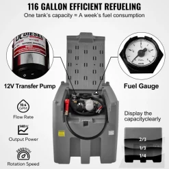 VEVOR Portable Diesel Tank, 116 Gallon Capacity & 10 GPM Flow Rate, Diesel Fuel Tank with 12V Electric Transfer Pump and 13.1ft Rubber Hose, PE Diesel Transfer Tank for Easy Fuel Transportation, Gray