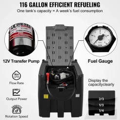 VEVOR Portable Diesel Tank, 128 Gallon Capacity & 10 GPM Flow Rate, Gas Fuel Tank with 12V Electric Transfer Pump and 13.1ft Rubber Hose, PE Diesel Transfer Tanks for Easy Fuel Transportation, Black