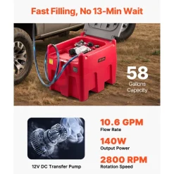 VEVOR Portable Diesel Tank, 58 Gallon Capacity & 10.6 GPM Flow Rate, Fuel Tank with 12V Electric Transfer Pump and 13.1ft Rubber Hose, PE Diesel Transfer Tanks for Easy Fuel Transportation, Red