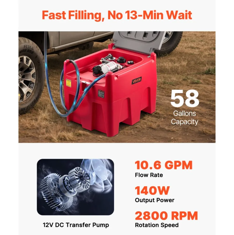 VEVOR Portable Diesel Tank, 58 Gallon Capacity & 10.6 GPM Flow Rate, Fuel Tank with 12V Electric Transfer Pump and 13.1ft Rubber Hose, PE Diesel Transfer Tanks for Easy Fuel Transportation, Red
