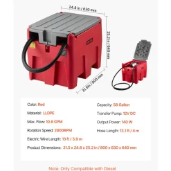 VEVOR Portable Diesel Tank, 58 Gallon Capacity & 10.6 GPM Flow Rate, Fuel Tank with 12V Electric Transfer Pump and 13.1ft Rubber Hose, PE Diesel Transfer Tanks for Easy Fuel Transportation, Red