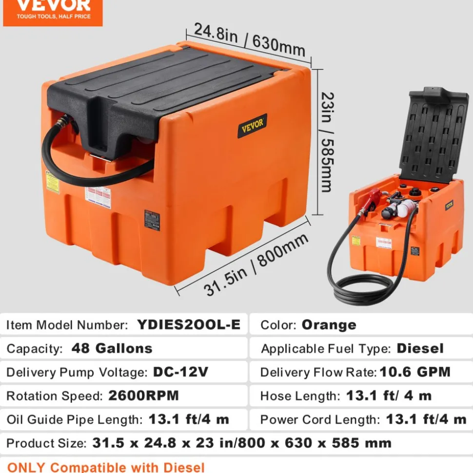 VEVOR Portable Diesel Tank, 48 Gallon, 10.6GPM Flow Rate, Diesel Fuel Tank with 12V Electric Transfer Pump, 13.1 ft Hose, Auto Fueling Nozzle, Diesel Transfer Tank for Easy Fuel Transportation, Orange