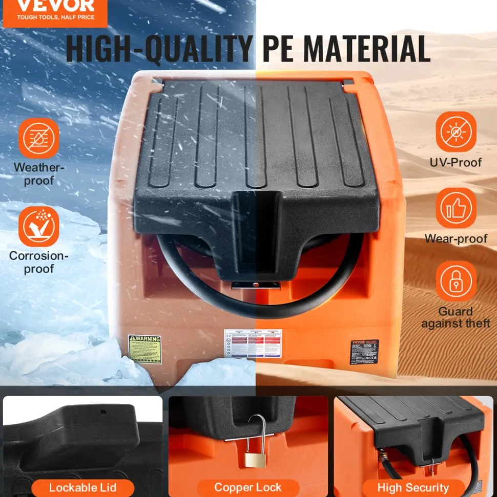 VEVOR Portable Diesel Tank, 48 Gallon, 10.6GPM Flow Rate, Diesel Fuel Tank with 12V Electric Transfer Pump, 13.1 ft Hose, Auto Fueling Nozzle, Diesel Transfer Tank for Easy Fuel Transportation, Orange