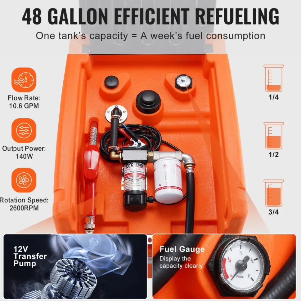 VEVOR Portable Diesel Tank, 48 Gallon, 10.6GPM Flow Rate, Diesel Fuel Tank with 12V Electric Transfer Pump, 13.1 ft Hose, Auto Fueling Nozzle, Diesel Transfer Tank for Easy Fuel Transportation, Orange