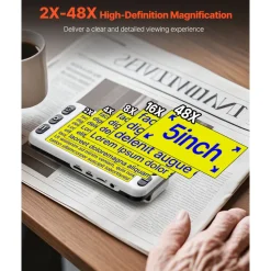 VEVOR Portable Digital Magnifier, 5-inch HD Electronic Video Magnifier for Low Version, 2X - 48X Electronic Reading Aid with 13MP Near & Far Dual Lens, 26 Color Mode, AV/HDMI Output & Foldable Handle