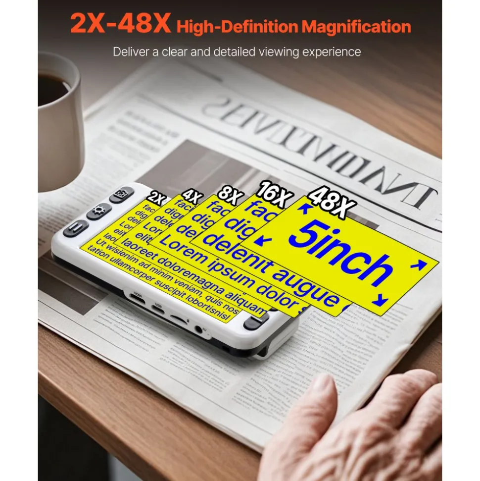 VEVOR Portable Digital Magnifier, 5-inch HD Electronic Video Magnifier for Low Version, 2X - 48X Electronic Reading Aid with 13MP Near & Far Dual Lens, 26 Color Mode, AV/HDMI Output & Foldable Handle