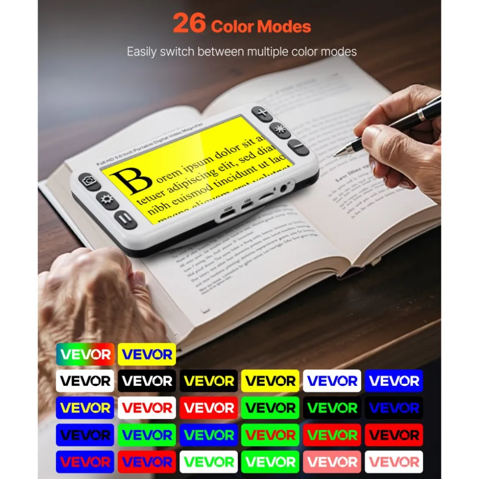 VEVOR Portable Digital Magnifier, 5-inch HD Electronic Video Magnifier for Low Version, 2X - 48X Electronic Reading Aid with 13MP Near & Far Dual Lens, 26 Color Mode, AV/HDMI Output & Foldable Handle