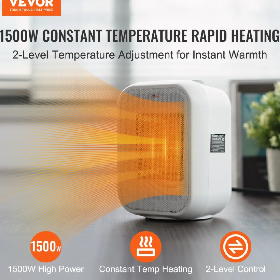VEVOR Portable Electric Space Heater with Thermostat, 1000W/1500W 2-Level Adjustable Quiet Ceramic Heater Fan, 9 in Tip-Over Shutdown Flame-Retardant PP Small Heaters for Office Room Desk Indoor Use