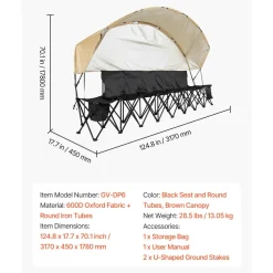 VEVOR Portable Folding Bench, 6 Seat Soccer Bench with Storage Pockets Cup Holders & Carrying Bag, Lightweight Sideline Seating with Sunshade for Football, Baseball, Camping, Outdoor Events, Black
