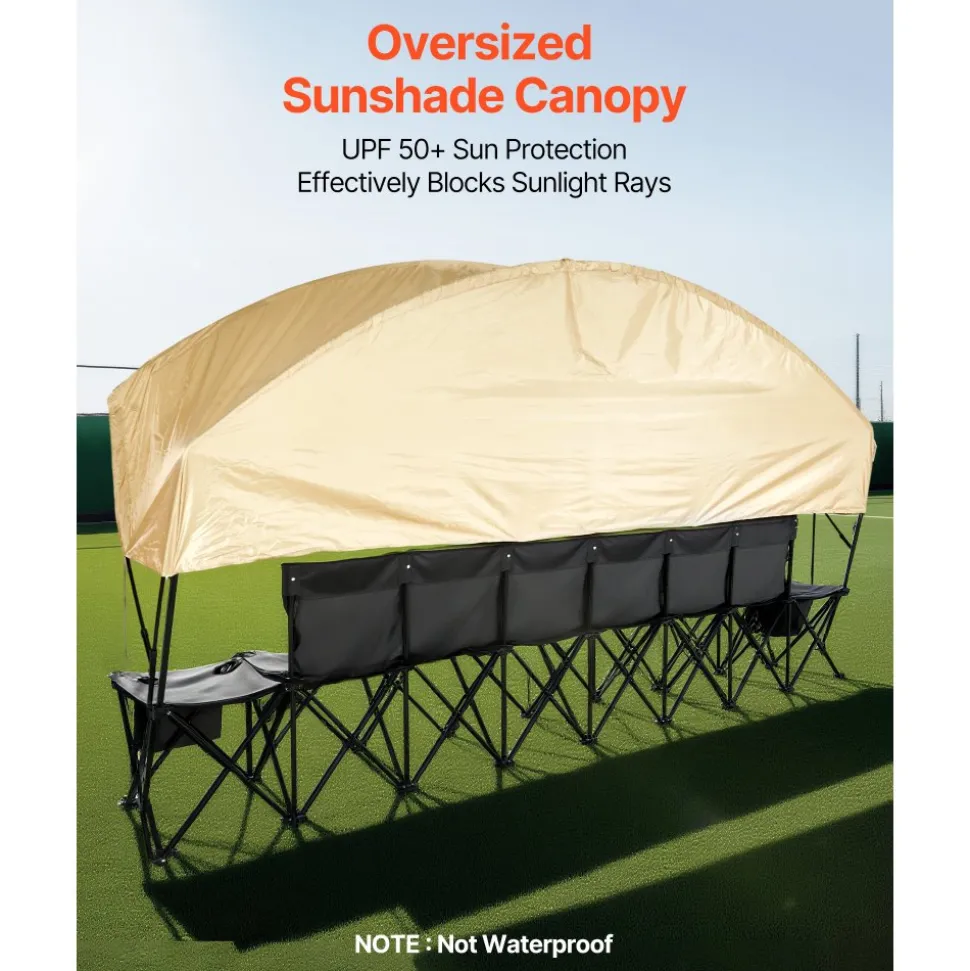 VEVOR Portable Folding Bench, 6 Seat Soccer Bench with Storage Pockets Cup Holders & Carrying Bag, Lightweight Sideline Seating with Sunshade for Football, Baseball, Camping, Outdoor Events, Black