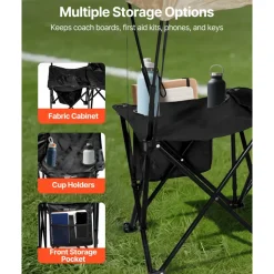 VEVOR Portable Folding Bench, 6 Seat Soccer Bench with Storage Pockets Cup Holders & Carrying Bag, Lightweight Sideline Seating with Sunshade for Football, Baseball, Camping, Outdoor Events, Black