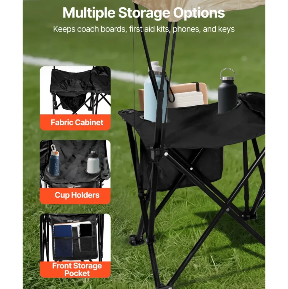 VEVOR Portable Folding Bench, 6 Seat Soccer Bench with Storage Pockets Cup Holders & Carrying Bag, Lightweight Sideline Seating with Sunshade for Football, Baseball, Camping, Outdoor Events, Black