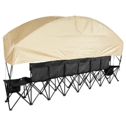VEVOR Portable Folding Bench, 6 Seat Soccer Bench with Storage Pockets Cup Holders & Carrying Bag, Lightweight Sideline Seating with Sunshade for Football, Baseball, Camping, Outdoor Events, Black