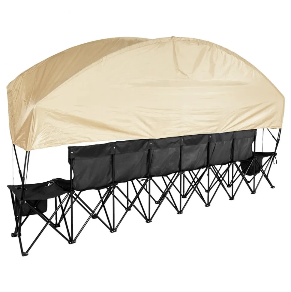 VEVOR Portable Folding Bench, 6 Seat Soccer Bench with Storage Pockets Cup Holders & Carrying Bag, Lightweight Sideline Seating with Sunshade for Football, Baseball, Camping, Outdoor Events, Black