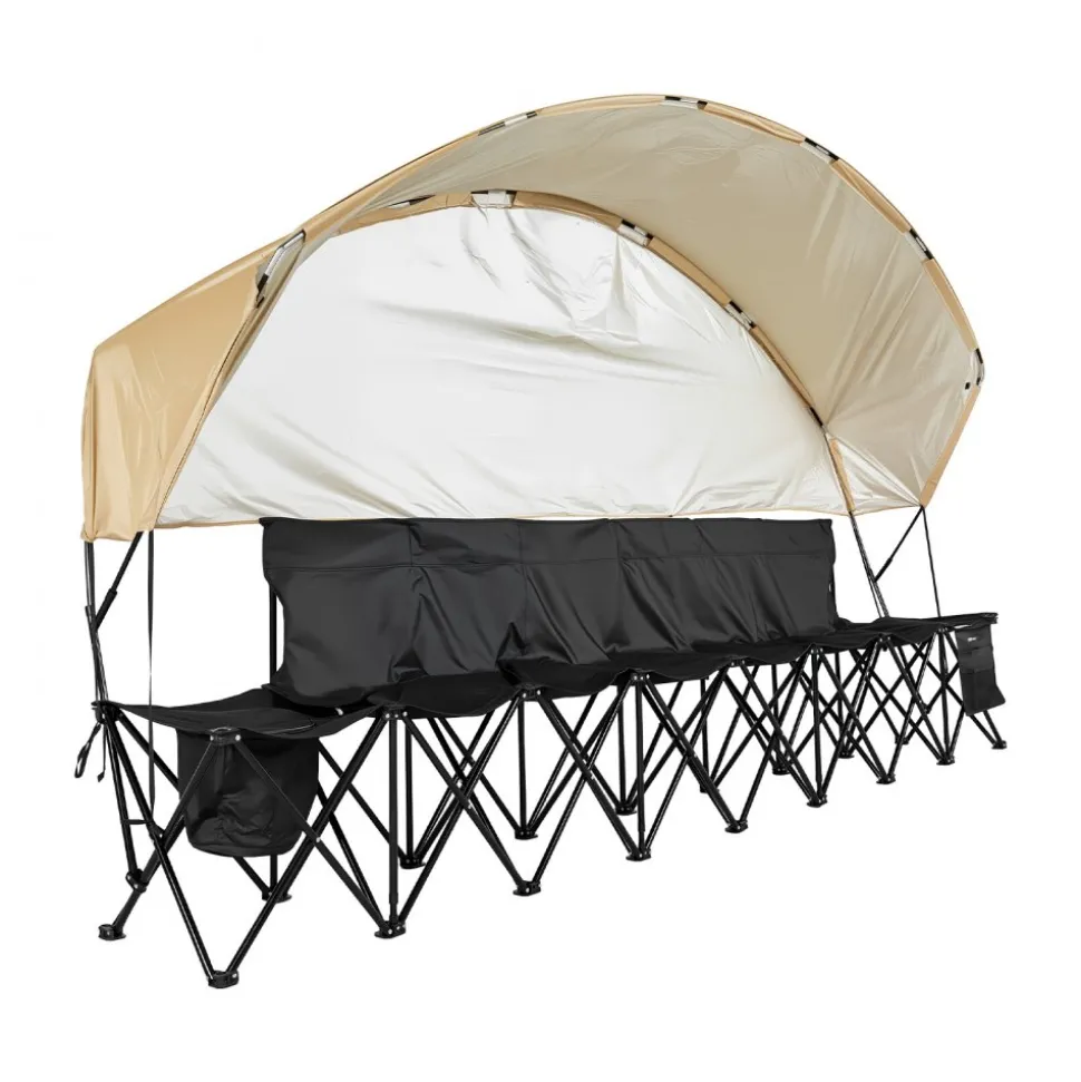 VEVOR Portable Folding Bench, 6 Seat Soccer Bench with Storage Pockets Cup Holders & Carrying Bag, Lightweight Sideline Seating with Sunshade for Football, Baseball, Camping, Outdoor Events, Black