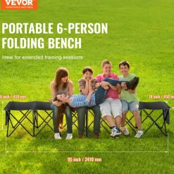 VEVOR Portable Folding Bench, 6 Seat Foldable Soccer Bench with Side Pockets and Carrying Bag, Lightweight 600D Oxford Fabric Sideline Seating, for Football, Baseball, Camping, Outdoor Events, Black