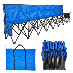 VEVOR Portable Folding Bench, 8 Seat Foldable Soccer Bench with Side Pockets and Carrying Bag, Lightweight Sideline Seating with Back Rest for Football, Baseball, Camping, Outdoor Events, Blue