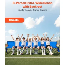 VEVOR Portable Folding Bench, 8 Seat Foldable Soccer Bench with Side Pockets and Carrying Bag, Lightweight Sideline Seating with Back Rest for Football, Baseball, Camping, Outdoor Events, Blue