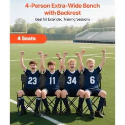 VEVOR Portable Folding Bench, 6 Seat Soccer Bench with Multiple Storage Pockets & Carrying Bag, Lightweight Sideline Seating with Back Rest for Football, Baseball, Camping, Outdoor Events, Black