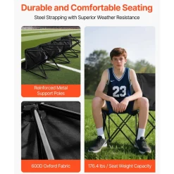 VEVOR Portable Folding Bench, 6 Seat Soccer Bench with Multiple Storage Pockets & Carrying Bag, Lightweight Sideline Seating with Back Rest for Football, Baseball, Camping, Outdoor Events, Black