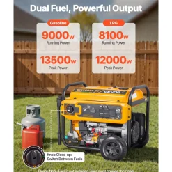 VEVOR Portable Generator, Gasoline 13500W Peak Watt & LPG 12000W Peak Watt Dual Fuel Generator, Home Backup Generators with Electric Start, Gasoline & LPG Powered, CO Sensor, 20A & 50A Outlets