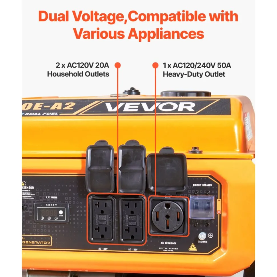 VEVOR Portable Generator, Gasoline 13500W Peak Watt & LPG 12000W Peak Watt Dual Fuel Generator, Home Backup Generators with Electric Start, Gasoline & LPG Powered, CO Sensor, 20A & 50A Outlets