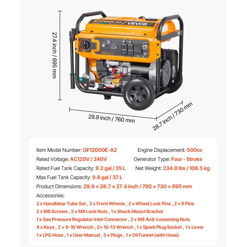 VEVOR Portable Generator, Gasoline 13500W Peak Watt & LPG 12000W Peak Watt Dual Fuel Generator, Home Backup Generators with Electric Start, Gasoline & LPG Powered, CO Sensor, 20A & 50A Outlets