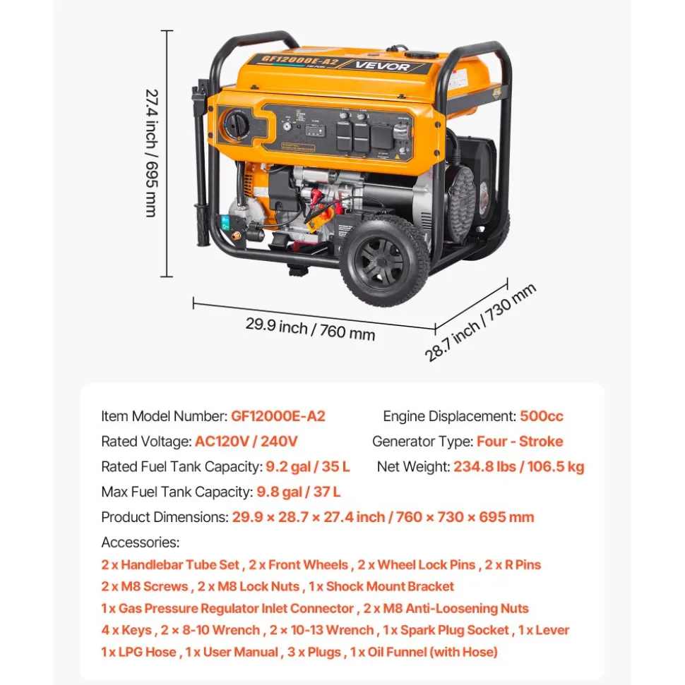 VEVOR Portable Generator, Gasoline 13500W Peak Watt, LPG 12000W Peak Watt & Natural Gas 11000W Peak Watt Tri-Fuel Generator, Home Backup Generators with Electric Start, Gas, LPG & Natural Gas Powered
