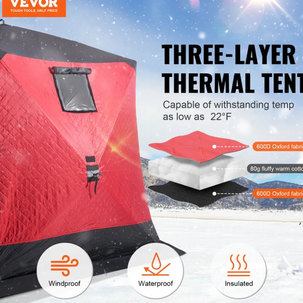 VEVOR Portable Ice Shelter, 4-6 Person Insulated Pop-Up Ice Fishing Tent, 50 Square Feet Fishable Area, Thermal Ice Shanty for Winter Fishing, Ice Cube with Anchors, Ropes, Carrying Bag, 130"x130"