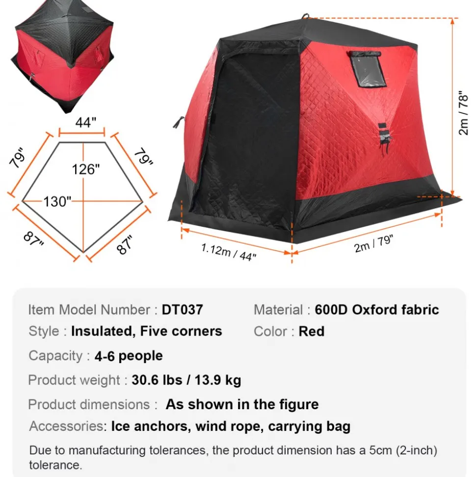 VEVOR Portable Ice Shelter, 4-6 Person Insulated Pop-Up Ice Fishing Tent, 50 Square Feet Fishable Area, Thermal Ice Shanty for Winter Fishing, Ice Cube with Anchors, Ropes, Carrying Bag, 130"x130"