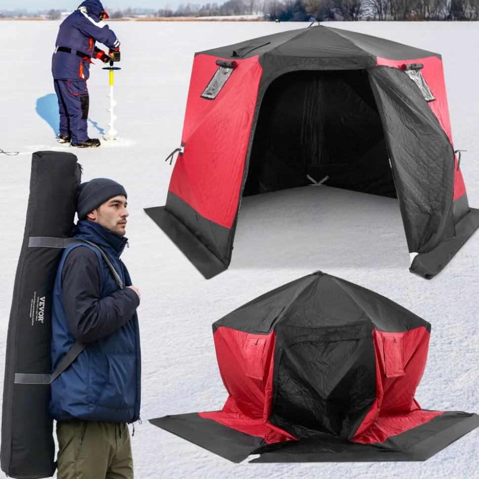 VEVOR Portable Ice Shelter, 4-6 Person Insulated Pop-Up Ice Fishing Tent, 50 Square Feet Fishable Area, Thermal Ice Shanty for Winter Fishing, Ice Cube with Anchors, Ropes, Carrying Bag, 130"x130"