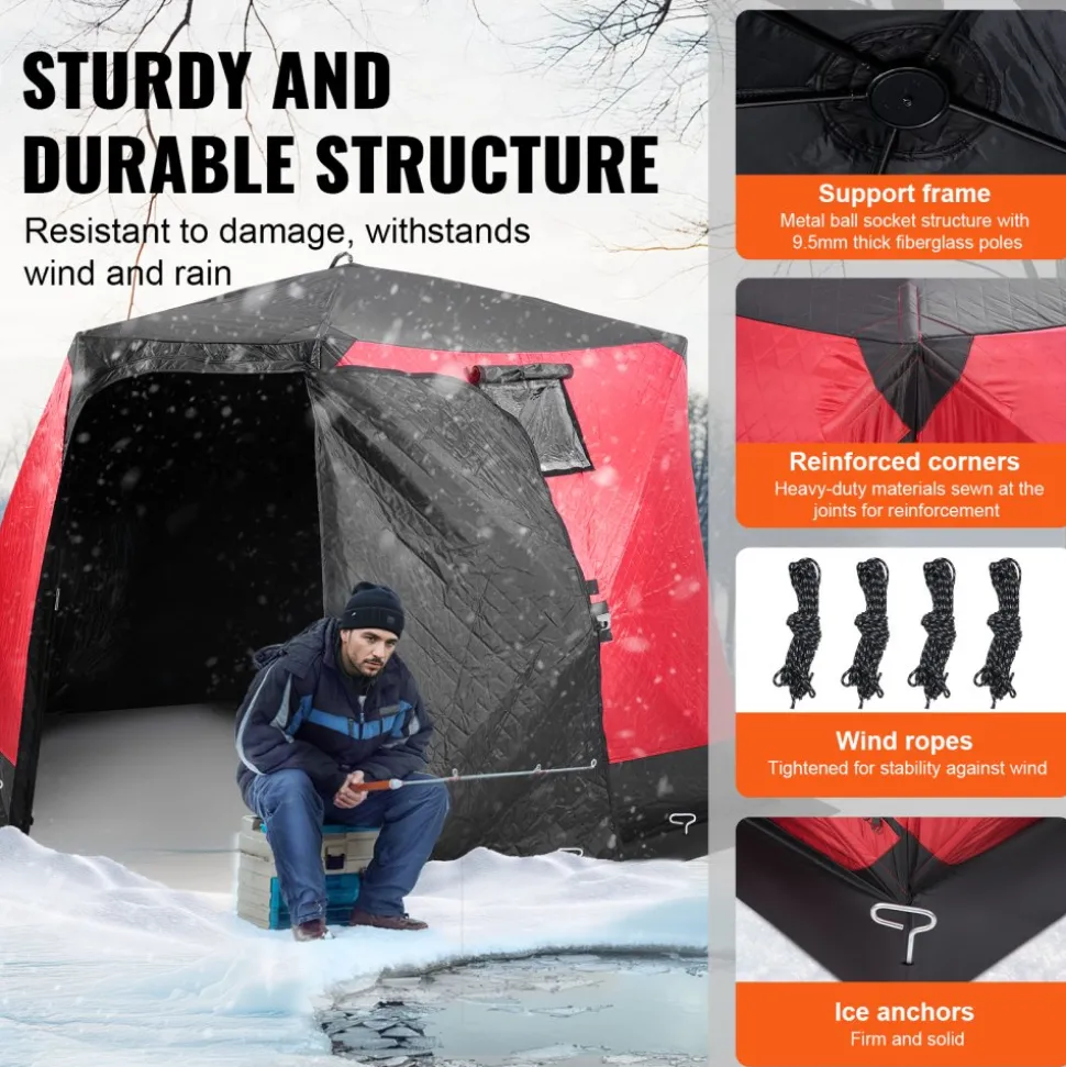 VEVOR Portable Ice Shelter, 4-6 Person Insulated Pop-Up Ice Fishing Tent, 50 Square Feet Fishable Area, Thermal Ice Shanty for Winter Fishing, Ice Cube with Anchors, Ropes, Carrying Bag, 130"x130"