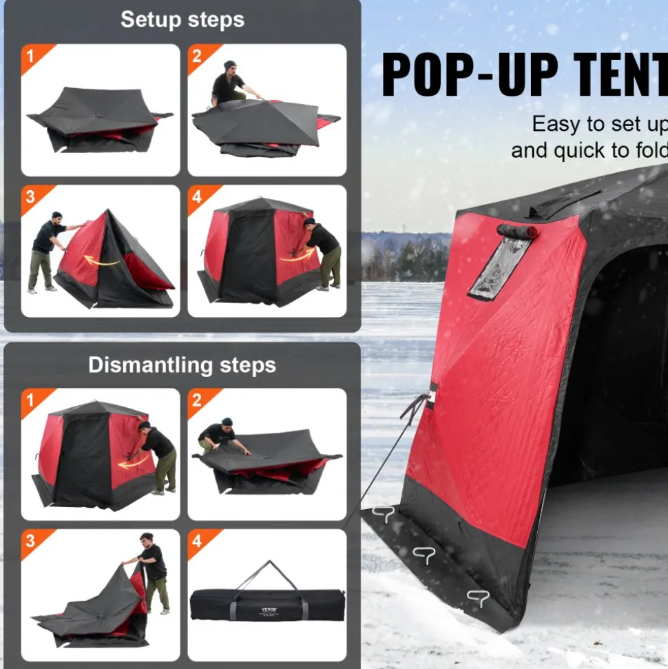 VEVOR Portable Ice Shelter, 4-6 Person Insulated Pop-Up Ice Fishing Tent, 50 Square Feet Fishable Area, Thermal Ice Shanty for Winter Fishing, Ice Cube with Anchors, Ropes, Carrying Bag, 130"x130"