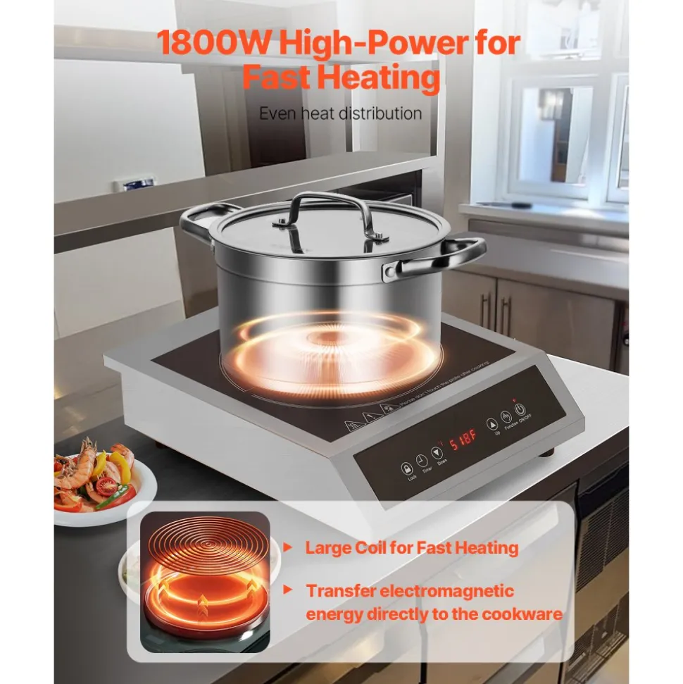 VEVOR Portable Induction Cooktop, 1800W Commercial Induction Burner with 9 Temperature Settings, Stainless Steel Countertop Induction Hot Plate with 3H Timer, Child Lock, for Restaurant Cooking