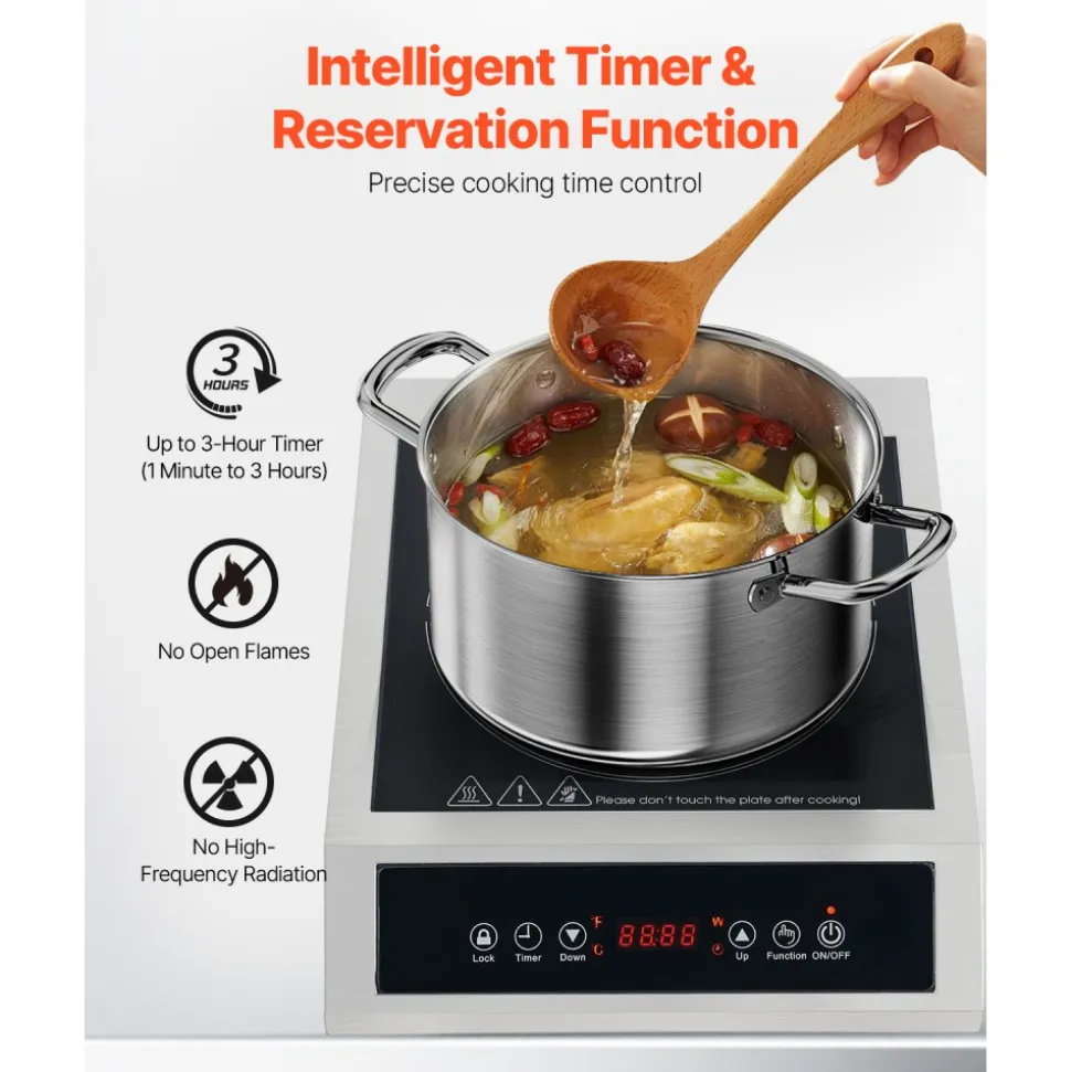 VEVOR Portable Induction Cooktop, 1800W Commercial Induction Burner with 9 Temperature Settings, Stainless Steel Countertop Induction Hot Plate with 3H Timer, Child Lock, for Restaurant Cooking