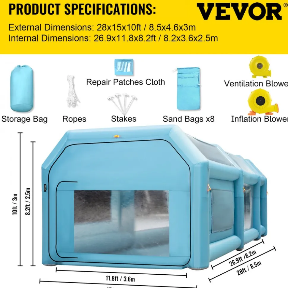VEVOR Portable Inflatable Paint Booth, 28x15x10ft Inflatable Spray Booth, Car Paint Tent with Air Filter System & 2 Blowers, Upgraded Blow Up Spray Booth Tent, Auto Paint Workstation, Car Parking Gara