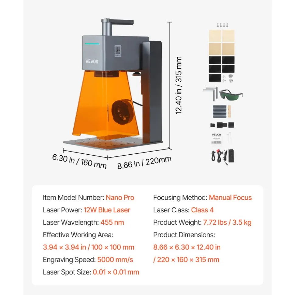 VEVOR Portable Laser Engraver, 5000 mm/s High Speed, 12W Handheld Blue Laser Engraver and Cutter, Engraving Precision 0.01 x 0.01 mm, DIY Engraving Tool, for Wood, Acrylic, Leather, Cloth, Class 4